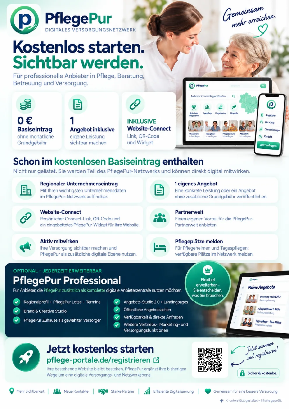 PflegePur Flyer: kostenlos starten, sichtbar werden, ein Angebot inklusive